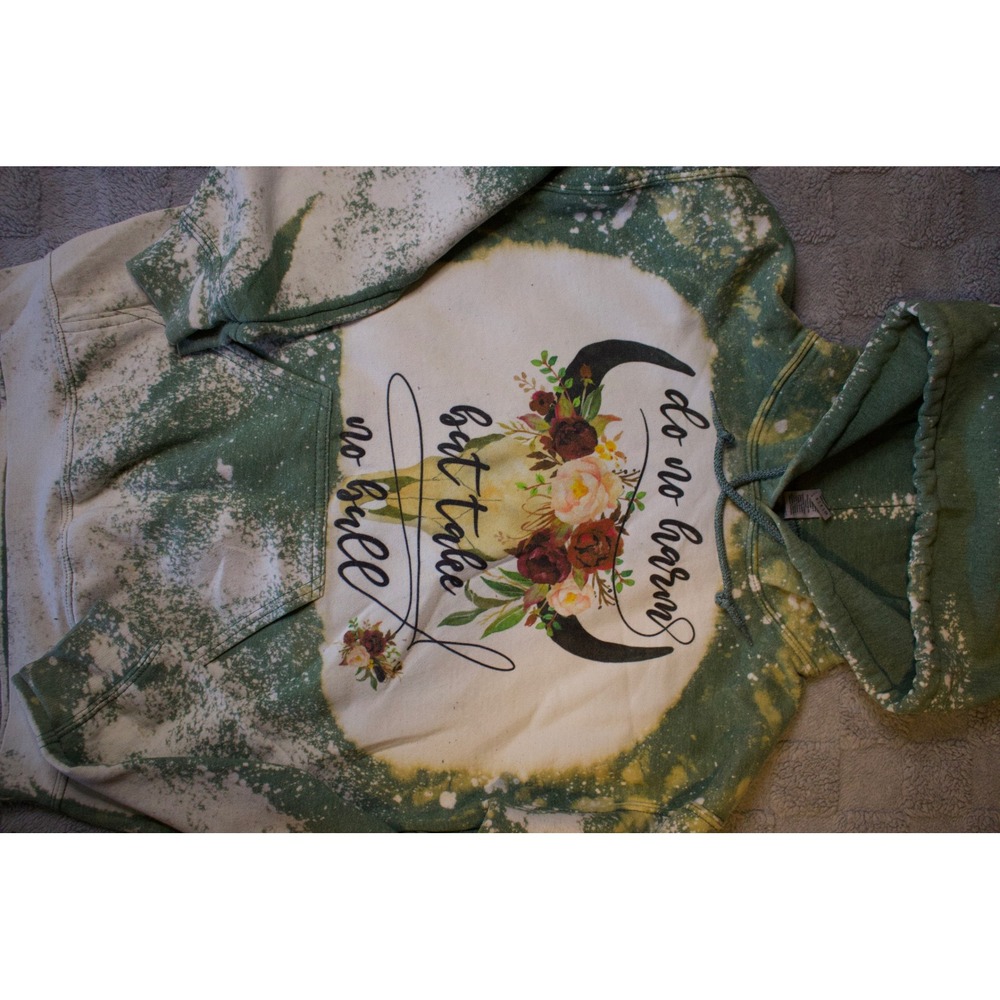 Custom Bleached Graphic Hoodie Lot Motherhood & Western Bull Skull Green Purple - Picture 5 of 7